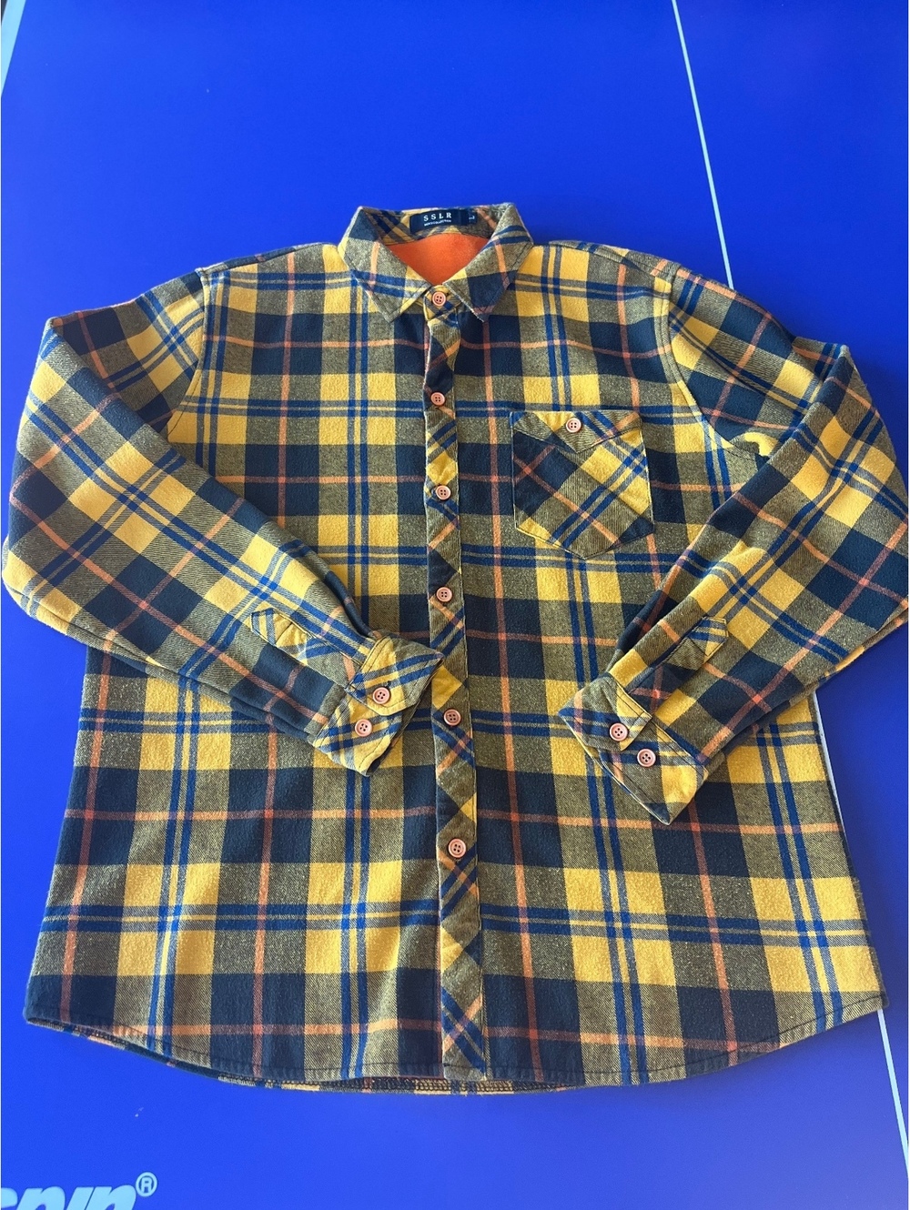SSLR Men's Button-Up Flannel Shirt with Orange Fleece Lining Sz L Yellow Black